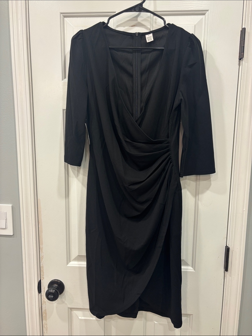 Classic Black Draped Midi Dress with Faux-Wrap Front